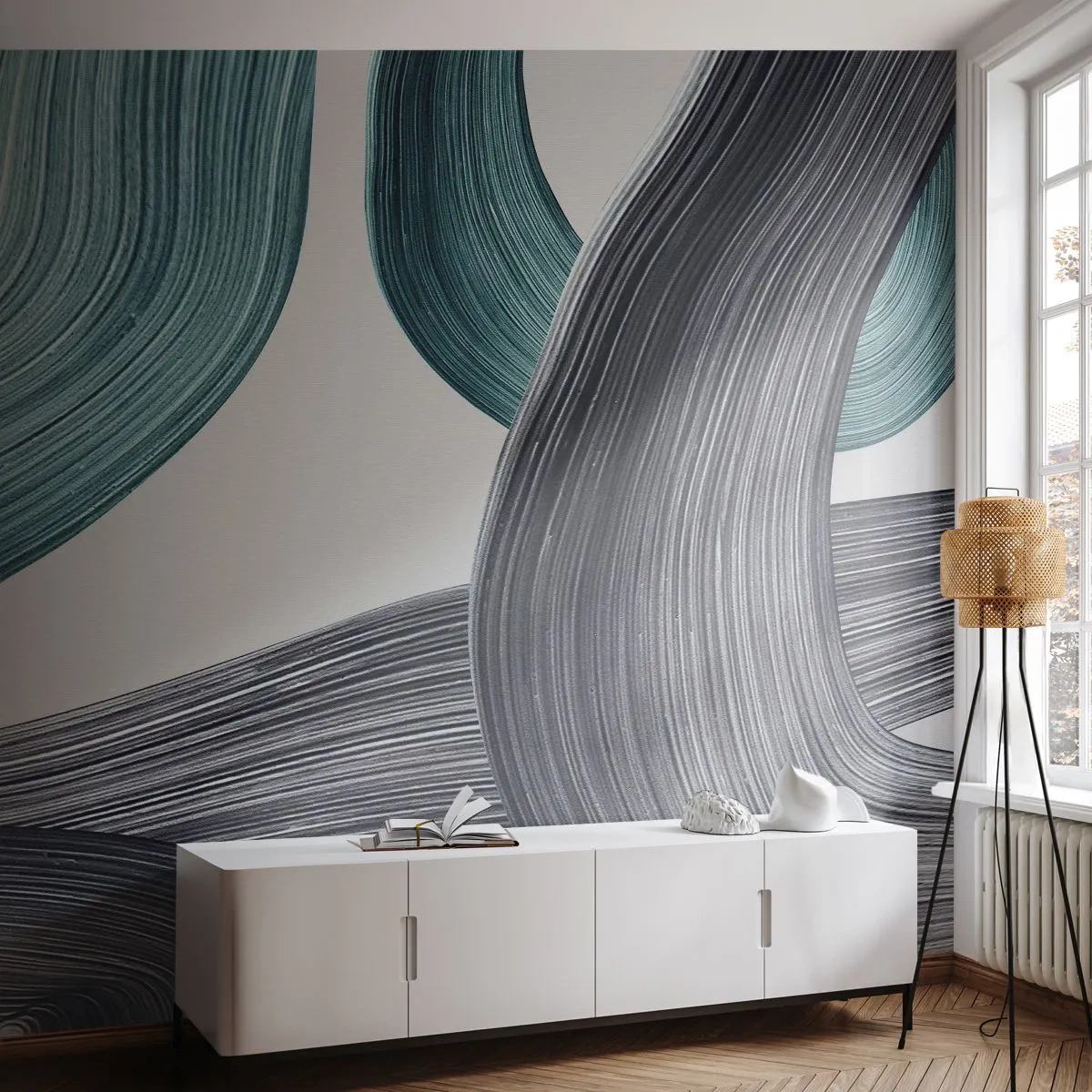 Papier Peint Photo Premium Canvas - Sentiers émeraude et noirs - Peinture, Brosse, Minimalisme - 300x210 cm