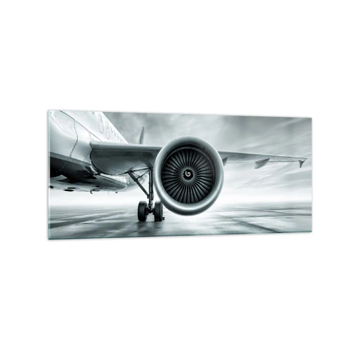 Impression sur verre - Image sur verre - Le réacteur d'un avion sur le tarmac - 120x50cm - Sent la force! - Décoration murale moderne pour le salon et la chambre ARTTOR