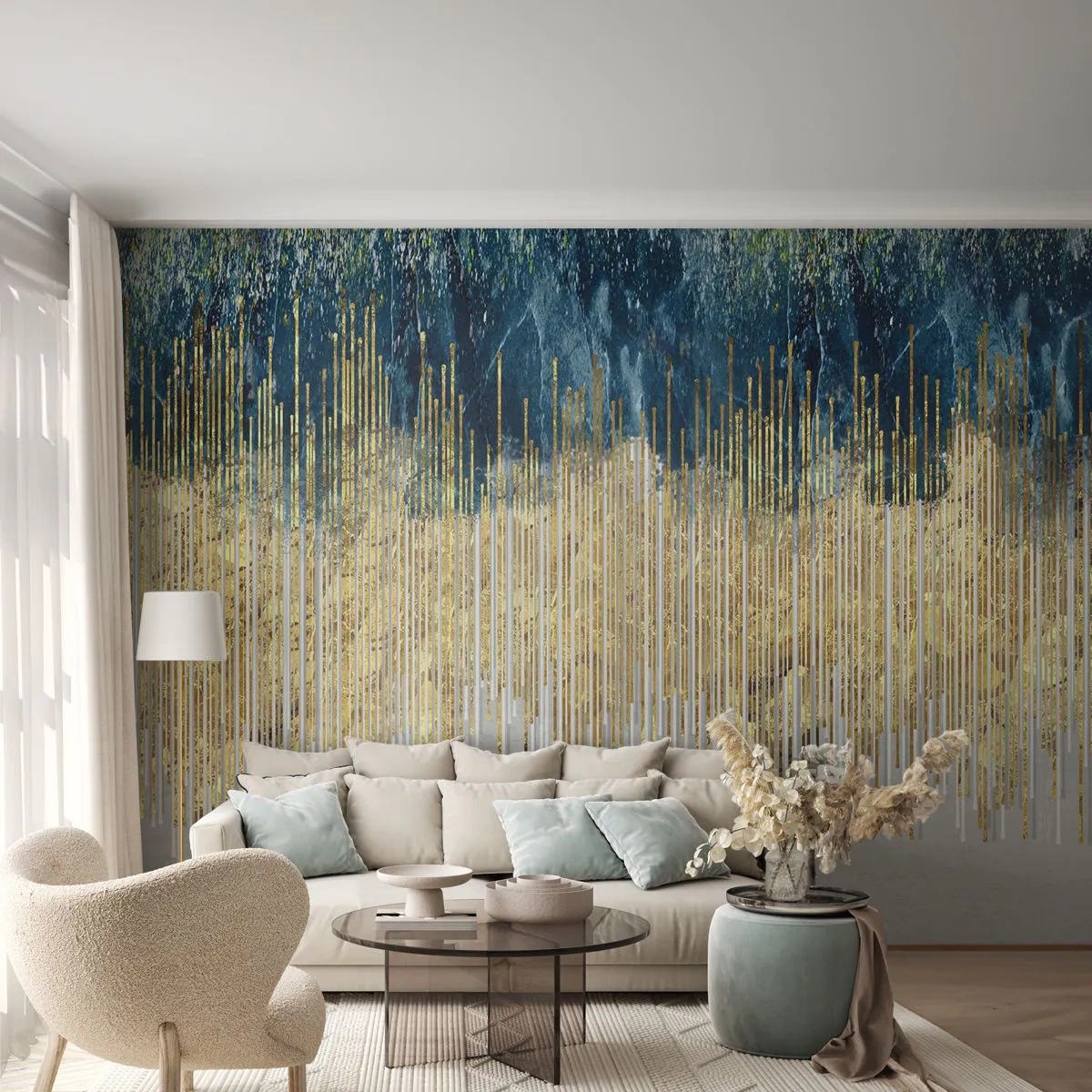 Papier Peint Photo Premium Canvas - Lignes dorées sur fond d'abstraction bleu marine et gris - 100x70cm - Bordure dorée - Décoration murale moderne pour le salon et la chambre ARTTOR