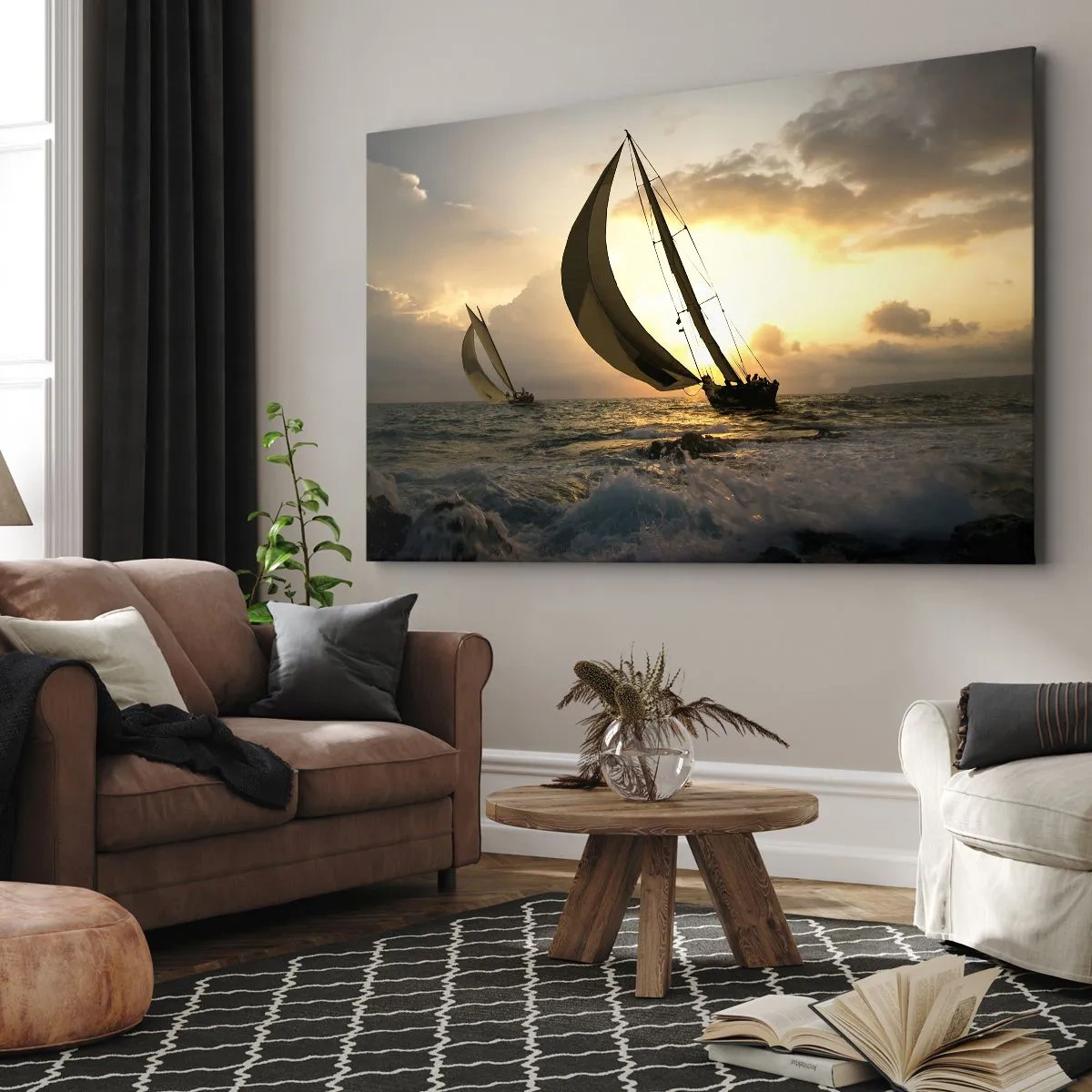 Impression sur toile - Image sur toile - Voiliers en mer au coucher du soleil - 70x50cm - Avec le vent et contre le vent - Décoration murale moderne pour le salon et la chambre ARTTOR