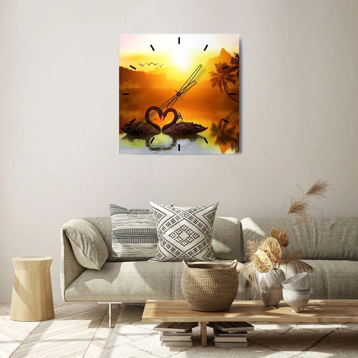 Horloge murale - Pendule murale - Deux cygnes noirs formant un cœur sur fond de coucher de soleil sur un lac - 30x30cm - Tout va ensemble - Décoration murale moderne pour le salon et la chambre ARTTOR