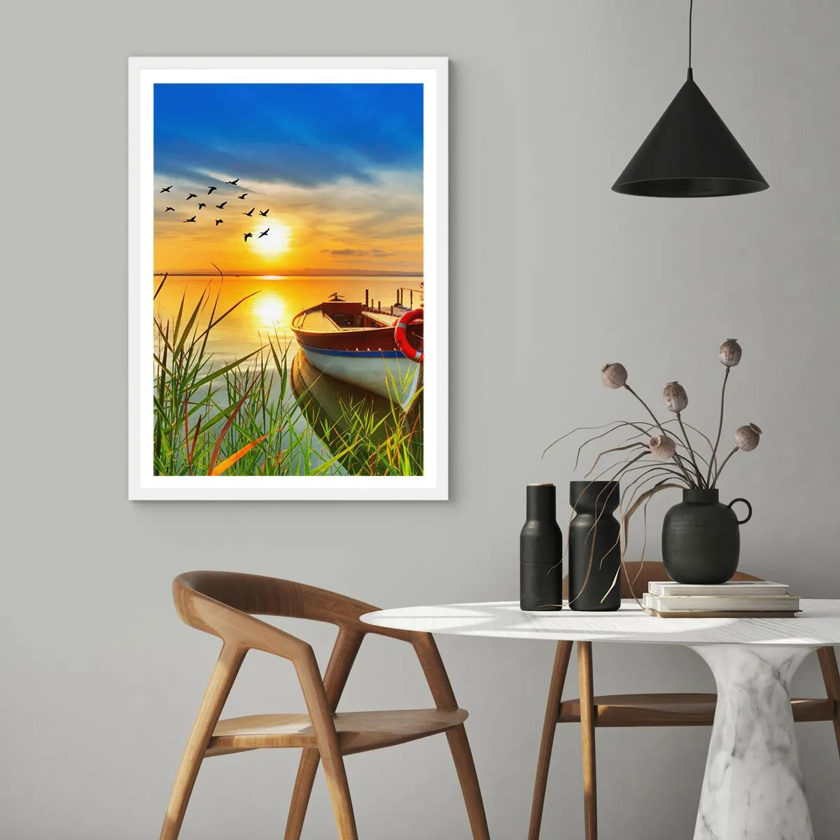 Affiche dans un cadre blanc - Poster - Les cormorans s'envolent déjà - 61x91 cm