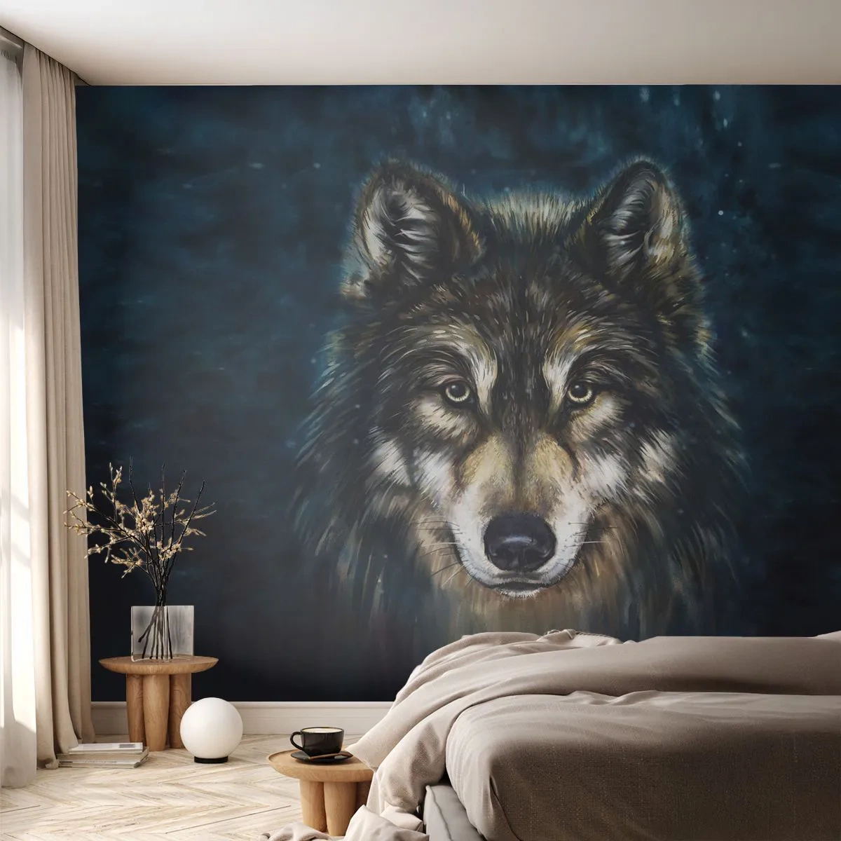 Papier Peint Photo Premium Sand - Un loup sur fond de forêt bleu foncé dans un style pictural - 100x70cm - Alpha? Et oméga - Décoration murale moderne pour le salon et la chambre ARTTOR