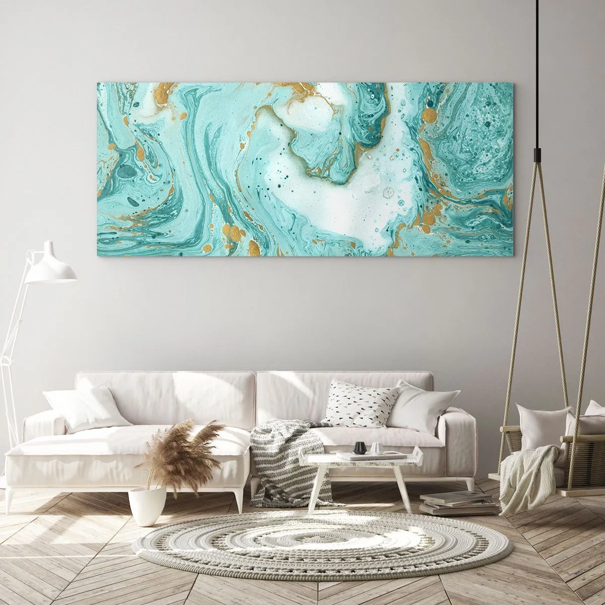 Impression sur verre - Image sur verre - Marbre turquoise avec des accents dorés dans une composition abstraite - 120x50cm - Sous la grande vague de l'ère Edo - Décoration murale moderne pour le salon et la chambre ARTTOR