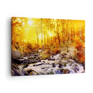 Impression sur toile - Image sur toile - Forêt d'automne avec un ruisseau parmi les feuilles dorées - 70x50cm - Pierres serties d'or et de platine - Décoration murale moderne pour le salon et la chambre ARTTOR