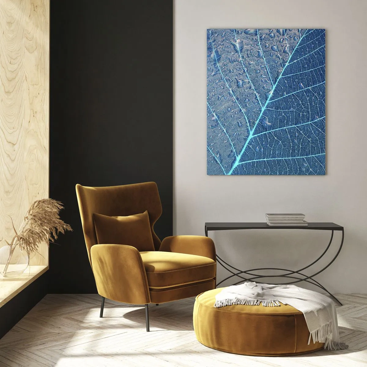 Impression sur verre - Image sur verre - Une feuille dans des tons bleus avec des gouttes d'eau - 70x100cm - La vie en bleu - Décoration murale moderne pour le salon et la chambre ARTTOR