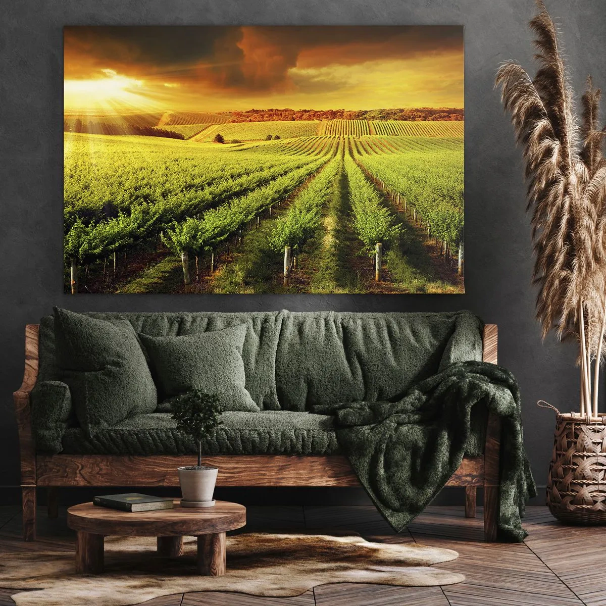 Impression sur toile - Image sur toile - Des vignes dorées illuminées par les rayons du soleil - 100x70cm - Sous le soleil australien - Décoration murale moderne pour le salon et la chambre ARTTOR