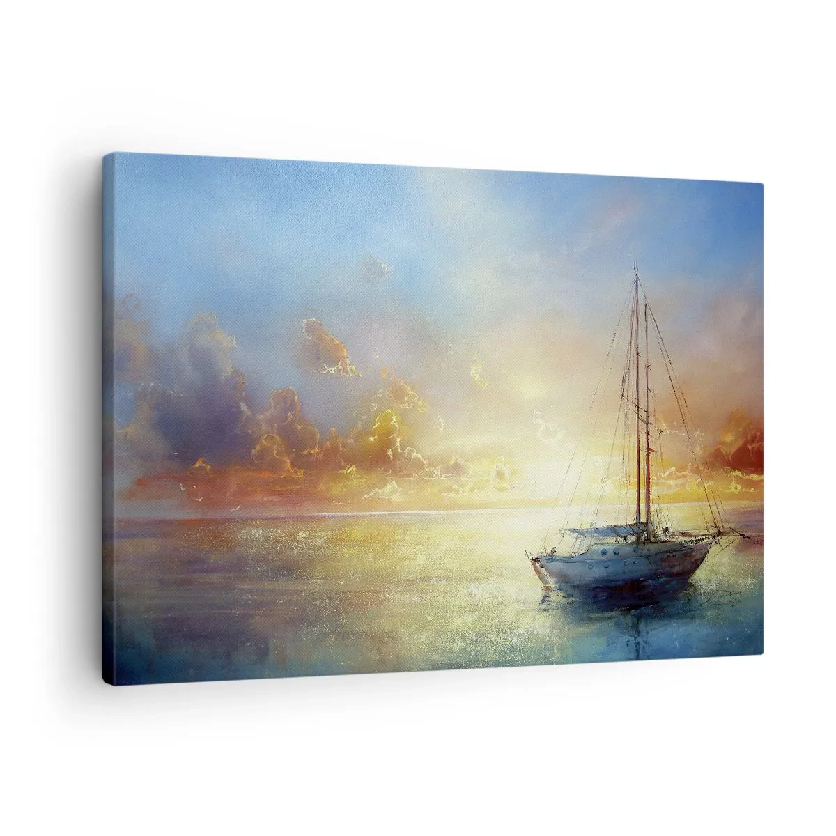 Impression sur toile - Image sur toile - Un yacht sur une mer calme au coucher du soleil - 70x50cm - Dans une baie dorée - Décoration murale moderne pour le salon et la chambre ARTTOR