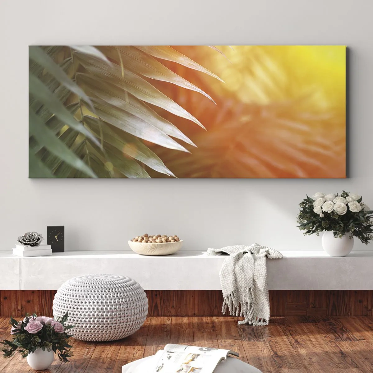 Impression sur toile - Image sur toile - Feuilles de palmier dans les rayons du soleil couchant - 120x50cm - Matinée dans la jungle - Décoration murale moderne pour le salon et la chambre ARTTOR