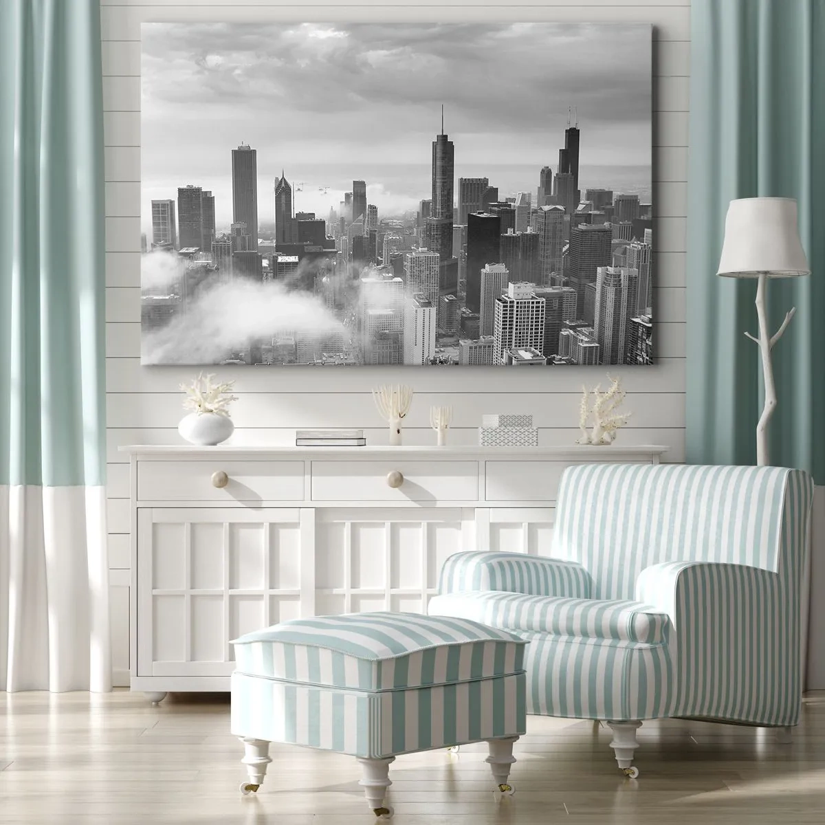 Impression sur toile - Image sur toile - Panorama de la ville avec des gratte-ciels dans les nuages en noir et blanc - 100x70cm - Paysage américain - Décoration murale moderne pour le salon et la chambre ARTTOR