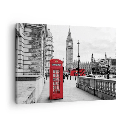 Impression sur toile - Image sur toile - Une cabine téléphonique rouge avec Big Ben en arrière-plan à Londres - 70x50cm - Sans aucun doute Londres - Décoration murale moderne pour le salon et la chambre ARTTOR