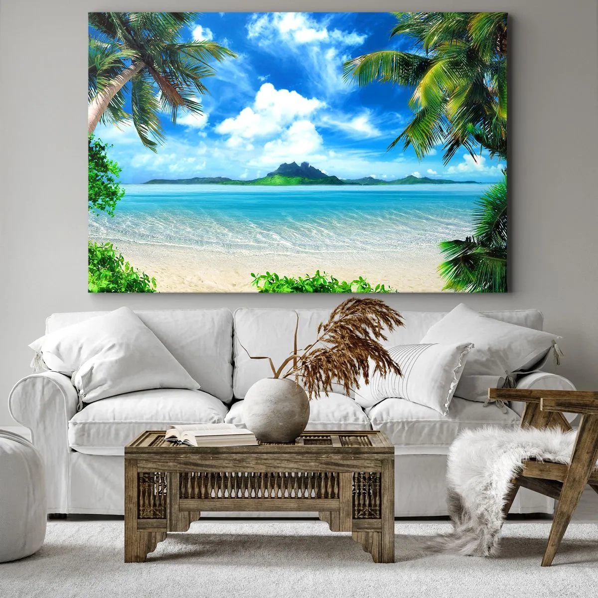 Impression sur toile - Image sur toile - Plage tropicale avec palmiers et vue sur l'île - 120x80cm - L'azur des tropiques - Décoration murale moderne pour le salon et la chambre ARTTOR