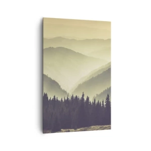 Impression sur toile - Image sur toile - Des chaînes de montagnes pittoresques enveloppées de brume dans une lumière chaude - 80x120cm - Derrière les sept montagnes… - Décoration murale moderne pour le salon et la chambre ARTTOR