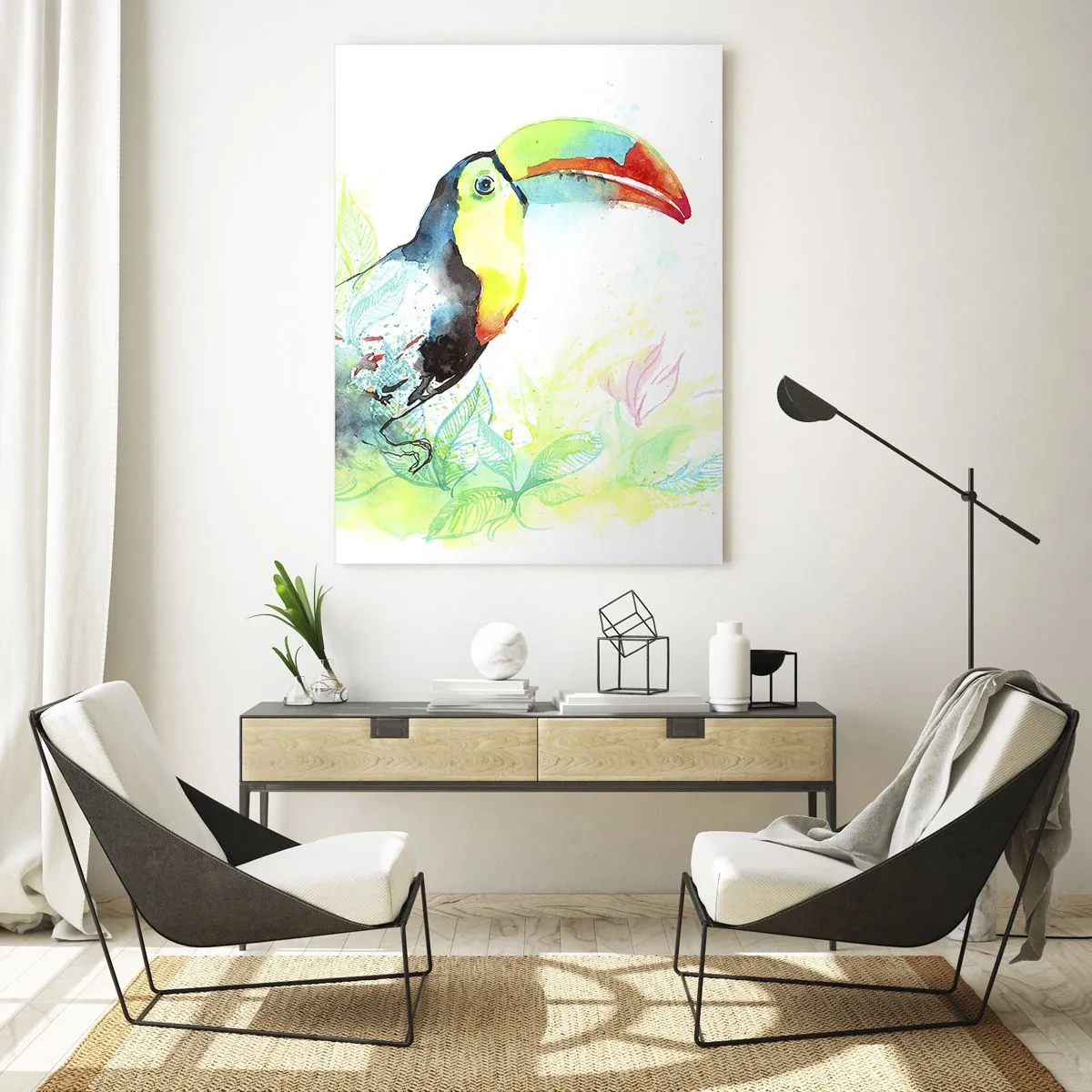 Impression sur verre - Image sur verre - Illustration à l'aquarelle d'un toucan sur fond tropical - 70x100cm - Aussi coloré que l'Amérique du Sud - Décoration murale moderne pour le salon et la chambre ARTTOR