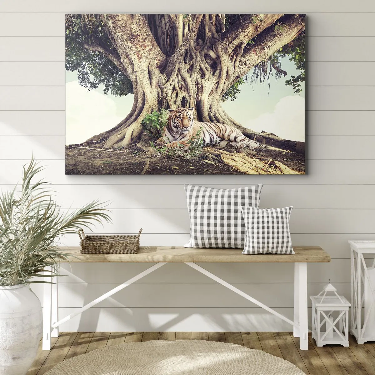 Impression sur toile - Image sur toile - Un tigre se reposant sous un arbre étendu - 100x70cm - Vue du Livre de la Genèse - Décoration murale moderne pour le salon et la chambre ARTTOR
