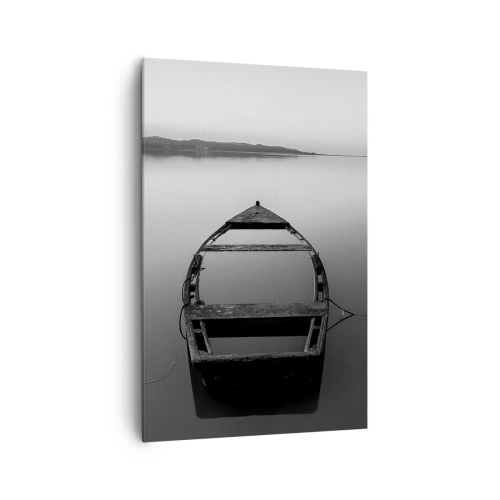 Impression sur toile - Image sur toile - Un bateau solitaire sur un lac calme dans des tons de noir et blanc - 80x120cm - Nostalgie et mélancolie - Décoration murale moderne pour le salon et la chambre ARTTOR