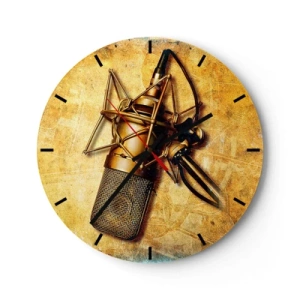 Horloge murale - Pendule murale - Un motif de microphone de studio sur un fond doré - 30x30cm - Les années d'or de la radio - Décoration murale moderne pour le salon, la cuisine et la chambre ARTTOR