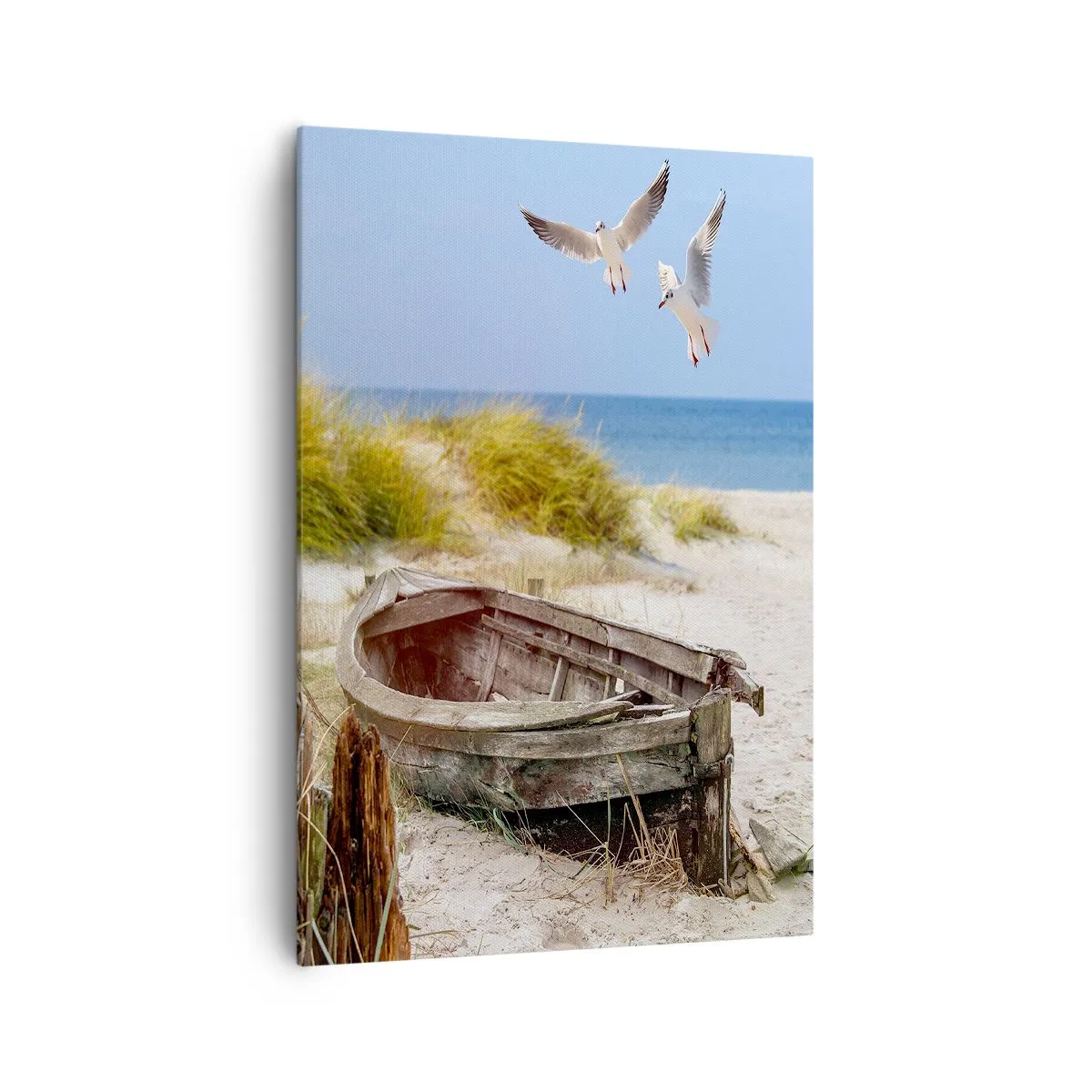 Impression sur toile - Image sur toile - Bateau abandonné sur une plage avec des mouettes - 70x100cm - Bain de vent - Décoration murale moderne pour le salon et la chambre ARTTOR