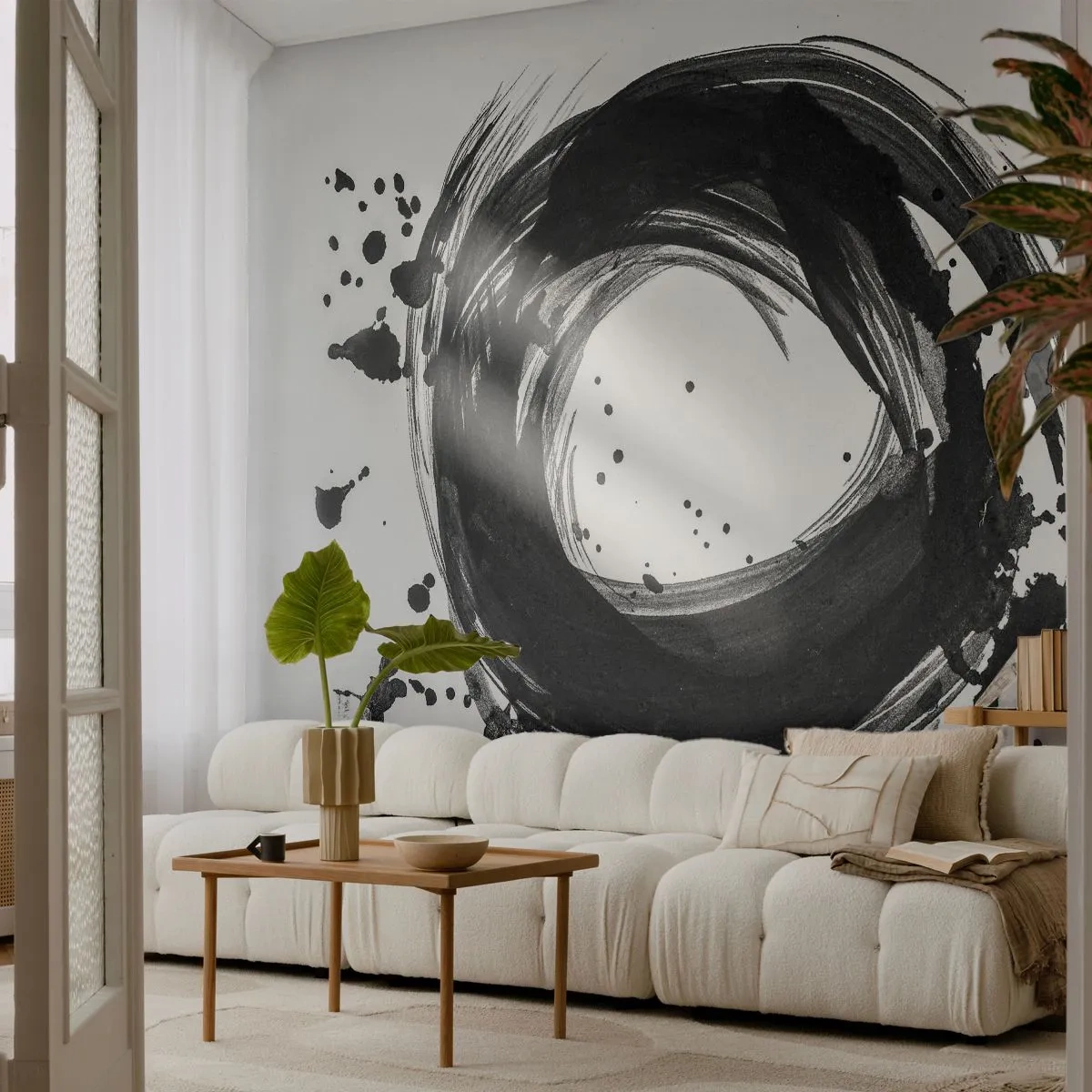 Papier Peint Photo Premium Sand - Cercle de pinceau noir abstrait sur fond blanc - 100x70cm - Le tourbillon de la création - Décoration murale moderne pour le salon et la chambre ARTTOR