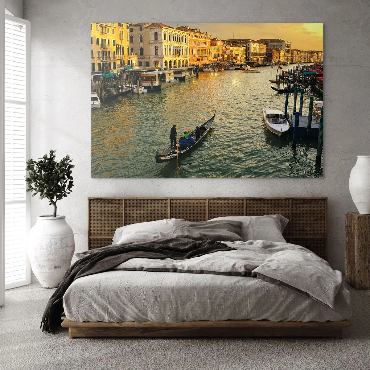 Impression sur verre - Image sur verre - Coucher de soleil sur un canal de Venise avec des gondoles - 100x70cm - Du côté ensoleillé de la rue - Décoration murale moderne pour le salon et la chambre ARTTOR