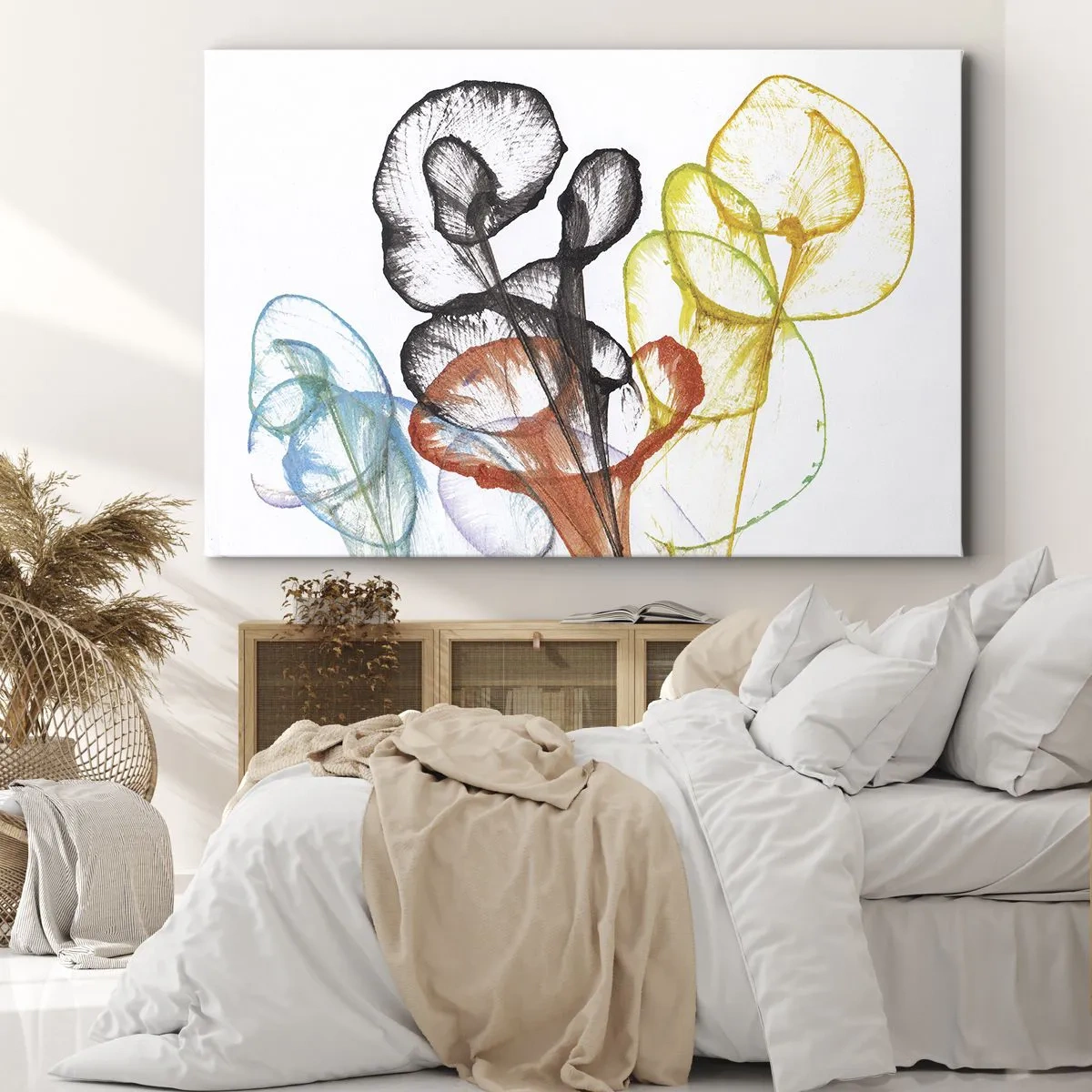 Impression sur toile - Image sur toile - Fleurs transparentes colorées sur fond blanc - 120x80cm - Fleurs avec une âme - Décoration murale moderne pour le salon et la chambre ARTTOR
