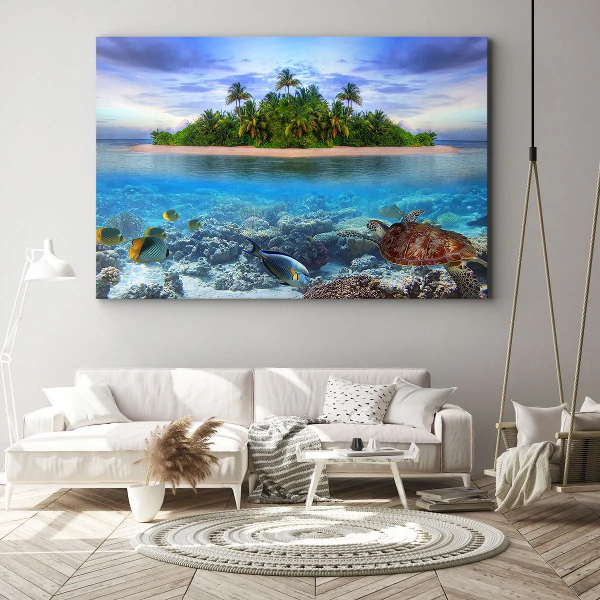 Impression sur toile - Image sur toile - Une île tropicale entourée d'un océan turquoise avec un récif de corail et des poissons. - 100x70cm - L'île céleste vous invite - Décoration murale moderne pour le salon et la chambre ARTTOR