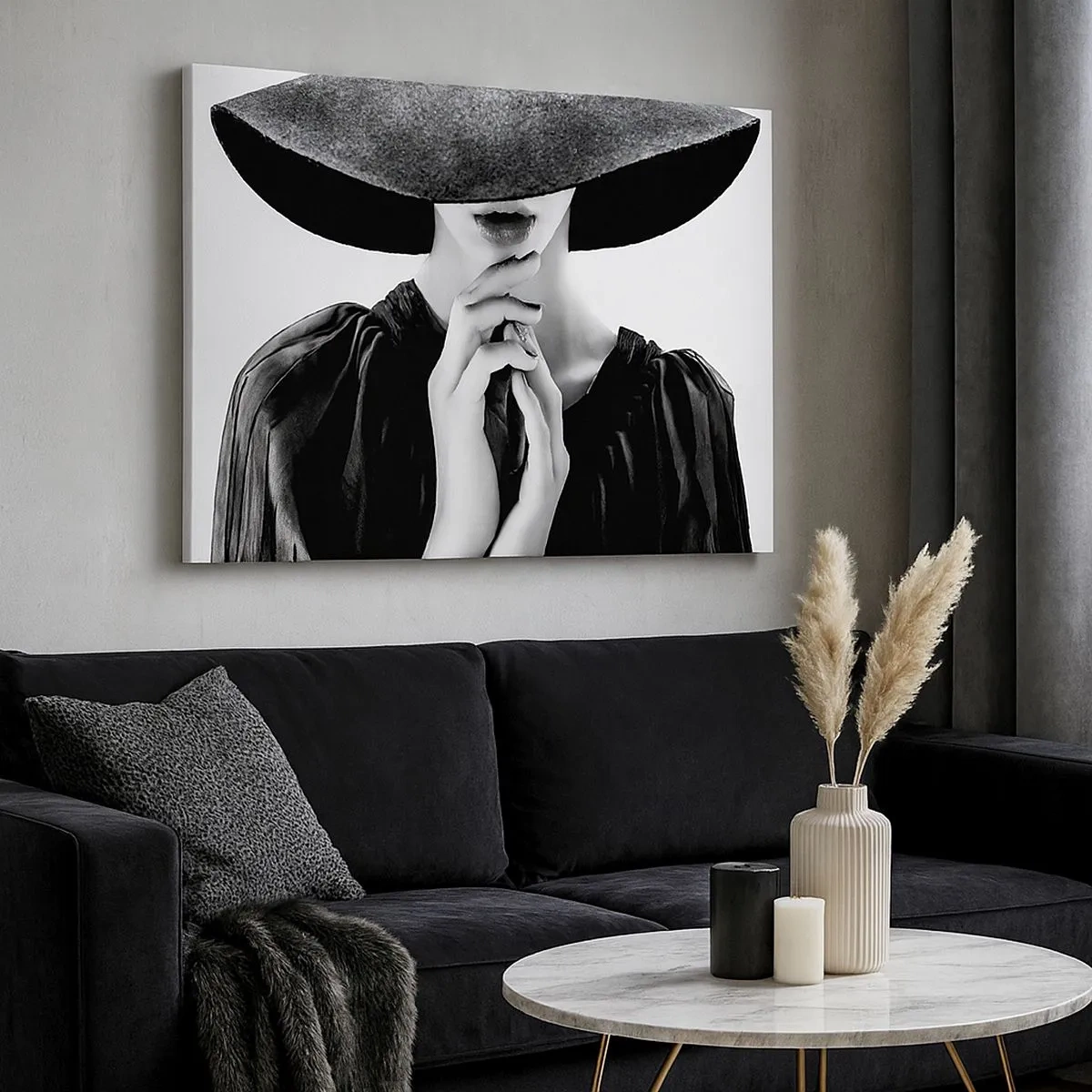 Impression sur toile - Image sur toile - Femme élégante portant un grand chapeau dans des tons de noir et blanc - 70x50cm - Beauté cachée - Décoration murale moderne pour le salon et la chambre ARTTOR
