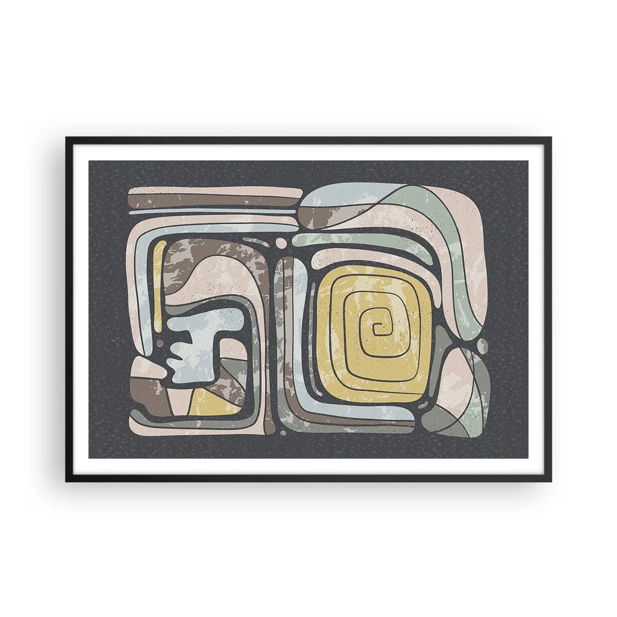 Affiche dans un cadre noir - Poster - Motifs précolombiens aux couleurs pastel sur fond sombre - 100x70cm - L'abstraction dans l'esprit précolombien - Décoration murale moderne pour le salon et la chambre ARTTOR