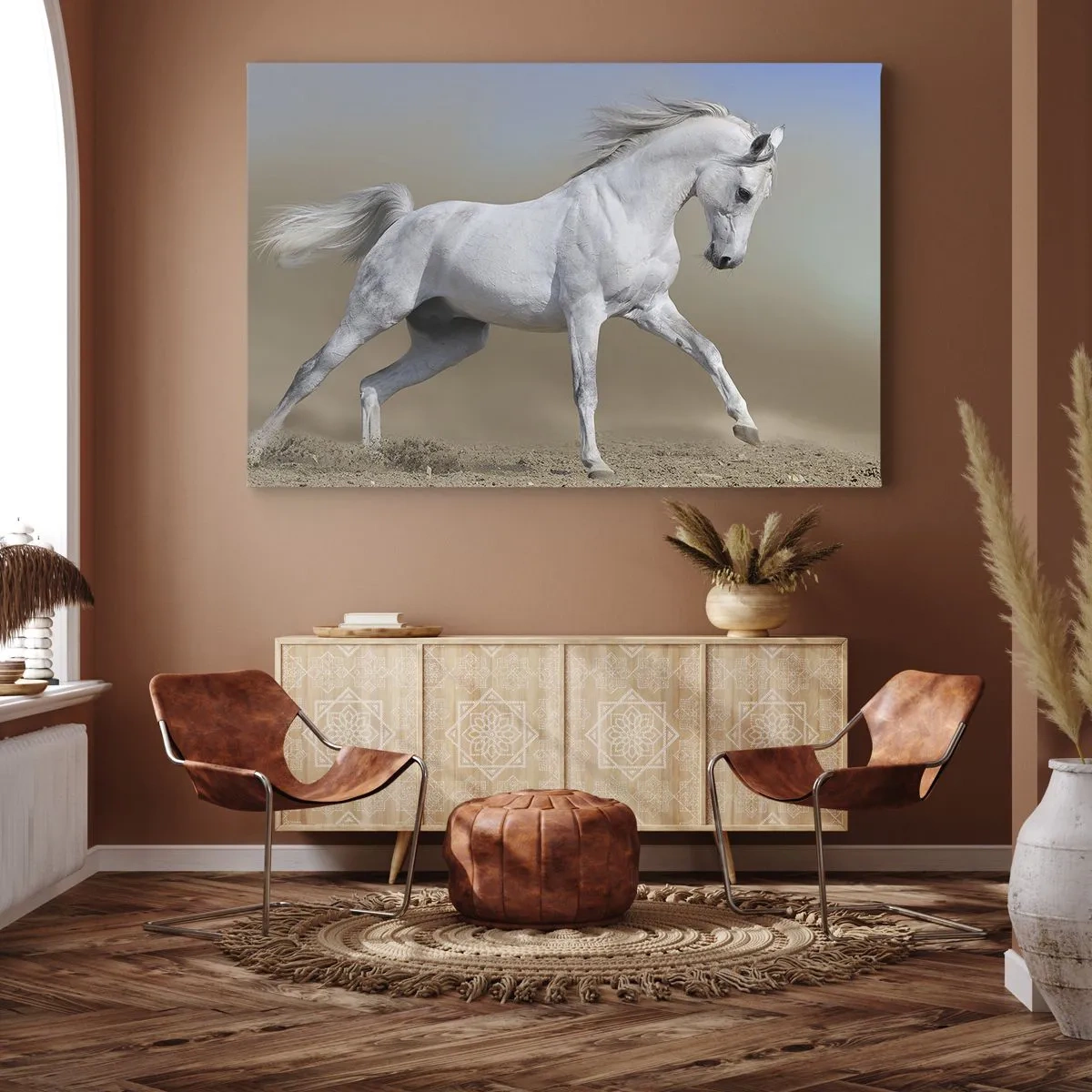 Impression sur toile - Image sur toile - Un cheval blanc galopant à travers un paysage désertique - 120x80cm - Le plus beau conte de fées arabe - Décoration murale moderne pour le salon et la chambre ARTTOR