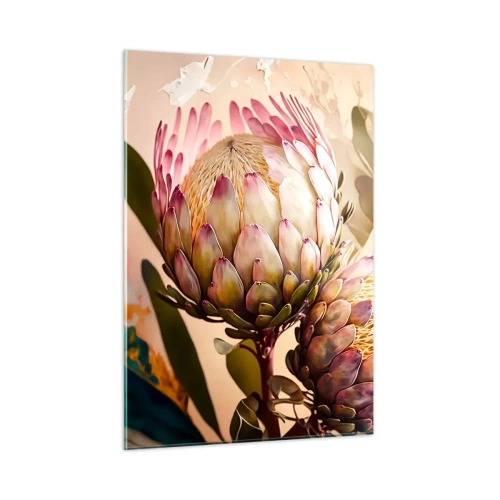 Impression sur verre - Image sur verre - Fleurs de Protea aux tons chauds et à la lumière douce - 50x70cm - Tendrement embrassé - Décoration murale moderne pour le salon et la chambre ARTTOR