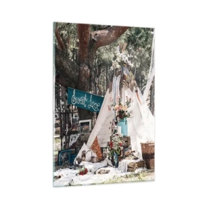 Impression sur verre - Image sur verre - Décoration bohème avec un tipi dans la forêt - 80x120cm - Make love… - Décoration murale moderne pour le salon et la chambre ARTTOR