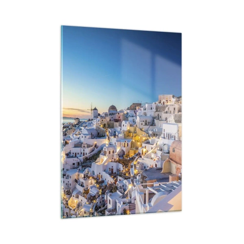 Impression sur verre - Image sur verre - Panorama de Santorin au coucher du soleil - 50x70cm - L'essence de la grecque - Décoration murale moderne pour le salon et la chambre ARTTOR