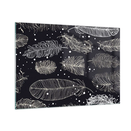 Impression sur verre - Image sur verre - Plumes blanches sur fond noir avec des détails subtils - 100x70cm - Toile de plumes - Décoration murale moderne pour le salon et la chambre ARTTOR