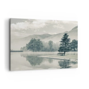 Impression sur toile - Image sur toile - Un lac pittoresque avec un banc et du brouillard en arrière-plan - 100x70cm - Le lac dort encore - Décoration murale moderne pour le salon et la chambre ARTTOR