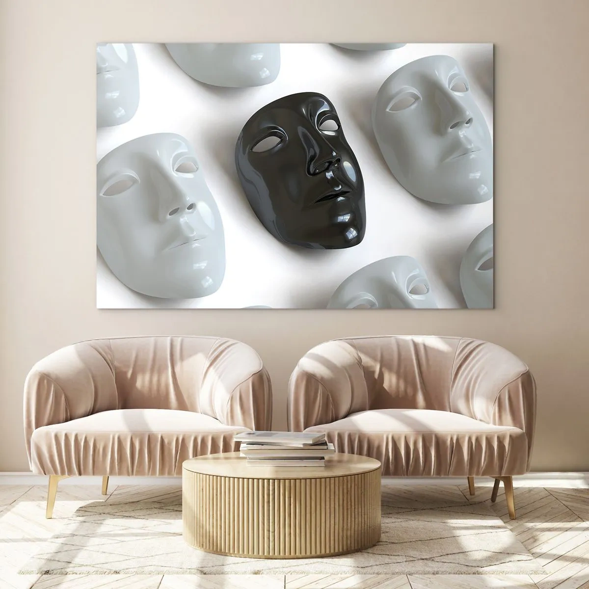 Impression sur verre - Image sur verre - Un masque noir et blanc sur un fond de masques blancs sur fond clair - 120x80cm - Comment se démarquer ? - Décoration murale moderne pour le salon et la chambre ARTTOR