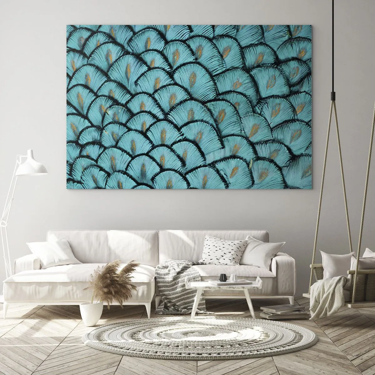 Impression sur verre - Image sur verre - Gros plan de plumes de paon turquoise formant un motif décoratif. - 120x80cm - Le grand gala des plumes - Décoration murale moderne pour le salon et la chambre ARTTOR