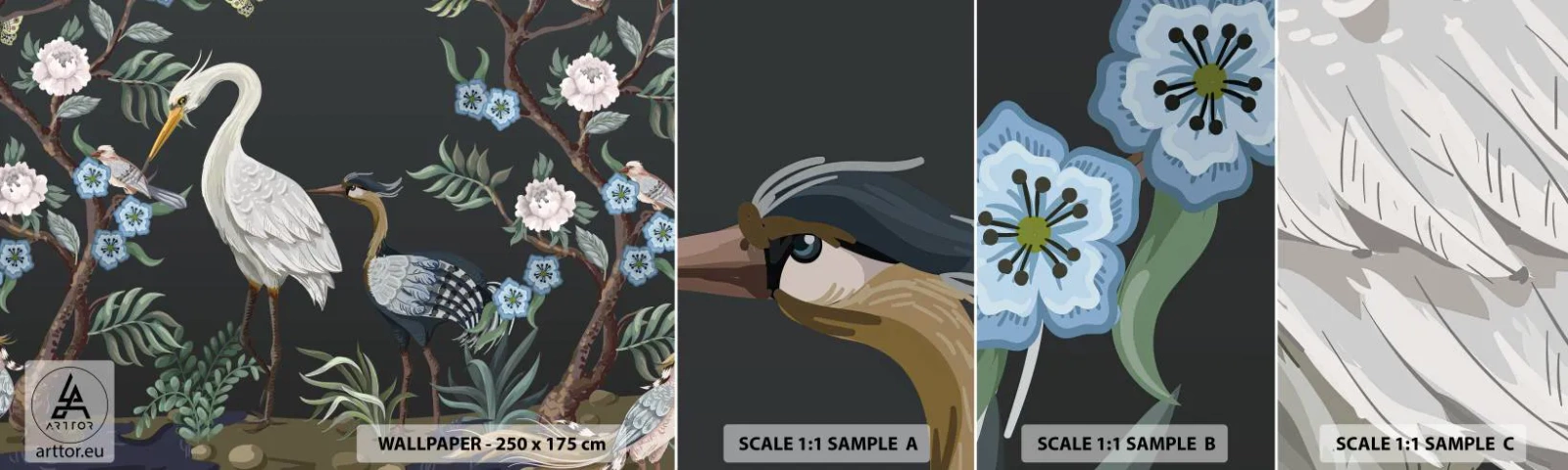 Échantillon de Papier Peint Autocollant Deluxe Sticker - Parade d'oiseaux - Animaux, Fleurs, Oiseau - 100x30 cm