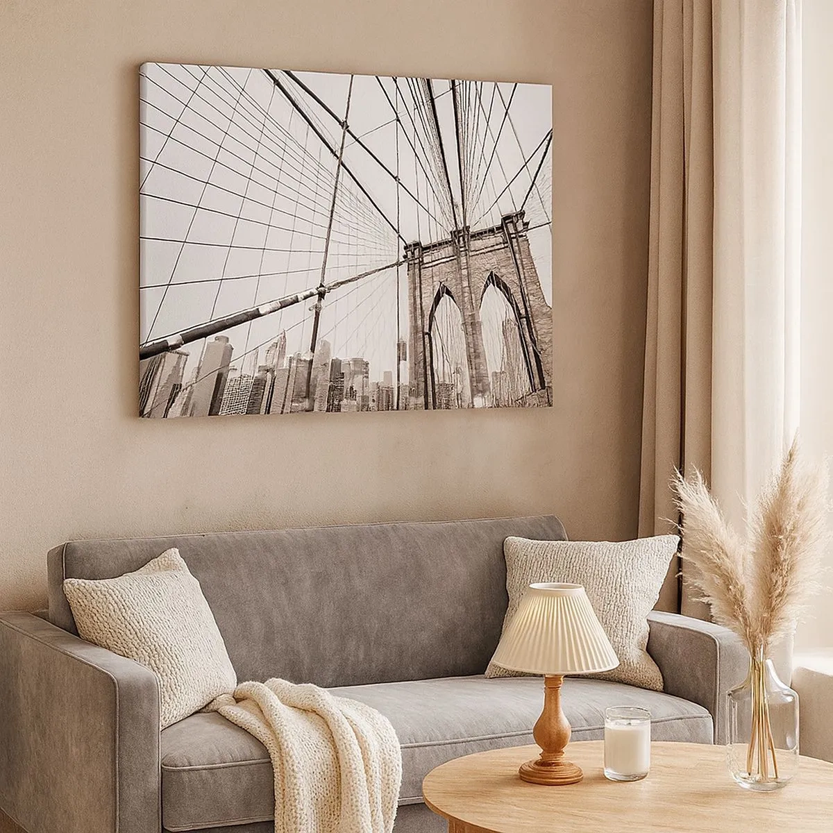 Impression sur toile - Image sur toile - Le pont de Brooklyn en monochrome - 70x50cm - Cathédrale New Yorkaise - Décoration murale moderne pour le salon et la chambre ARTTOR