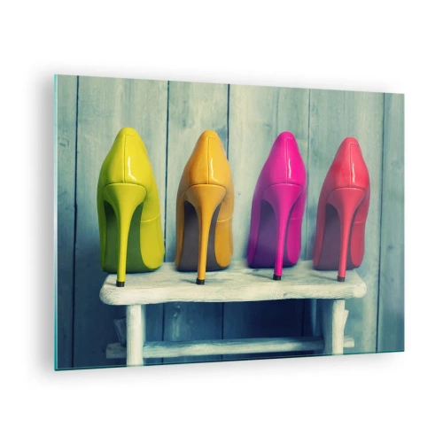 Impression sur verre - Image sur verre - Quatre épingles colorées disposées sur un banc en bois - 70x50cm - Promenade sur l'arc-en-ciel - Décoration murale moderne pour le salon et la chambre ARTTOR