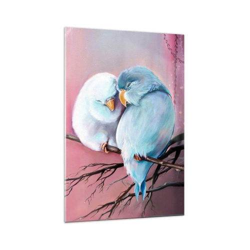 Impression sur verre - Image sur verre - Deux oiseaux amoureux sur une branche sur fond rose - 70x100cm - Que dire de plus?... - Décoration murale moderne pour le salon et la chambre ARTTOR