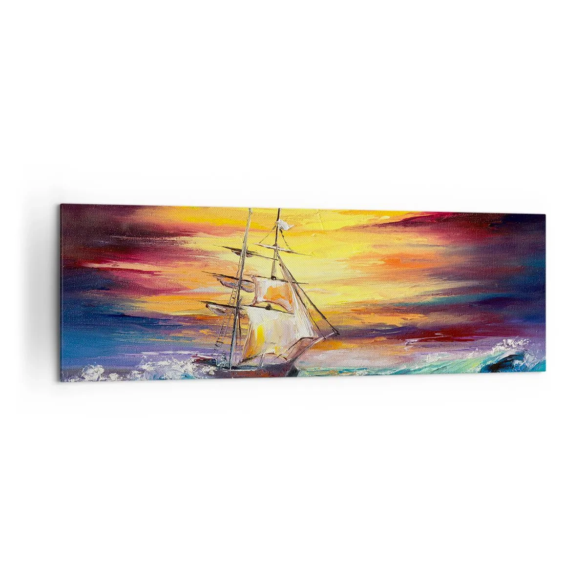 Impression sur toile - Image sur toile - Un voilier sur fond de coucher de soleil coloré - 160x50cm - Courageusement sous les vagues - Décoration murale moderne pour le salon et la chambre ARTTOR