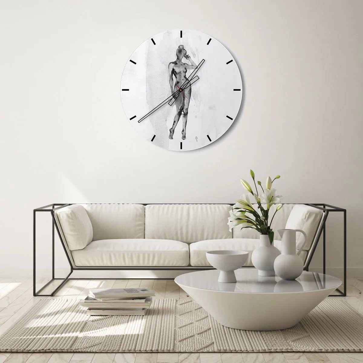 Horloge murale - Pendule murale - Silhouette d'une femme à l'aquarelle sur fond blanc - 30x30cm - Etude de l'idéal de la féminité - Décoration murale moderne pour le salon, la cuisine et la chambre ARTTOR