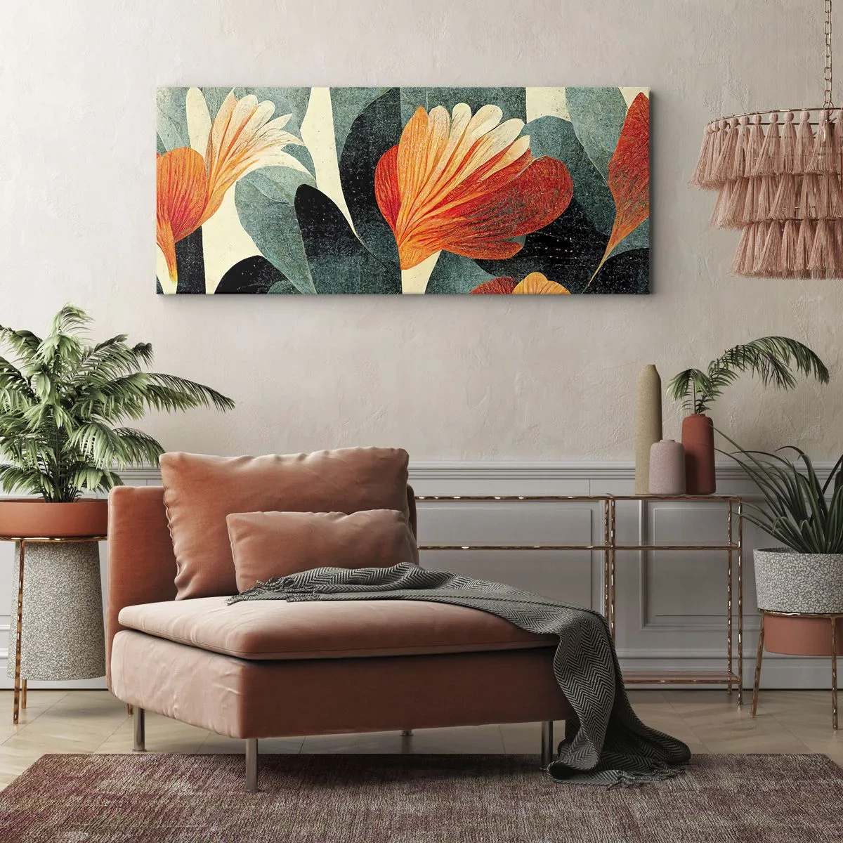 Impression sur toile - Image sur toile - Fleurs aux tons intenses d'orange et de vert - 140x50cm - La chaleur des tropiques et la fraîcheur de la verdure - Décoration murale moderne pour le salon et la chambre ARTTOR