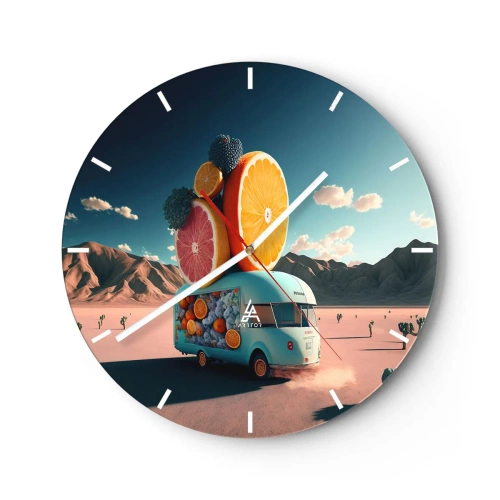 Horloge murale - Pendule murale - Un food truck aux fruits turquoise avec un fond désertique - 30x30cm - Le goût des vacances - Décoration murale moderne pour le salon, la cuisine et la chambre ARTTOR