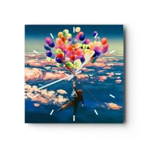 Horloge murale - Pendule murale - Une silhouette flottant au-dessus des nuages avec des ballons colorés - 30x30cm - Un rêve d'enfant devenu réalité - Décoration murale moderne pour le salon et la chambre ARTTOR