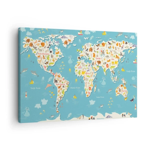 Impression sur toile - Image sur toile - Carte du monde colorée avec des illustrations d'animaux - 70x50cm - Nous aimons le monde entier - Décoration murale moderne pour le salon et la chambre ARTTOR