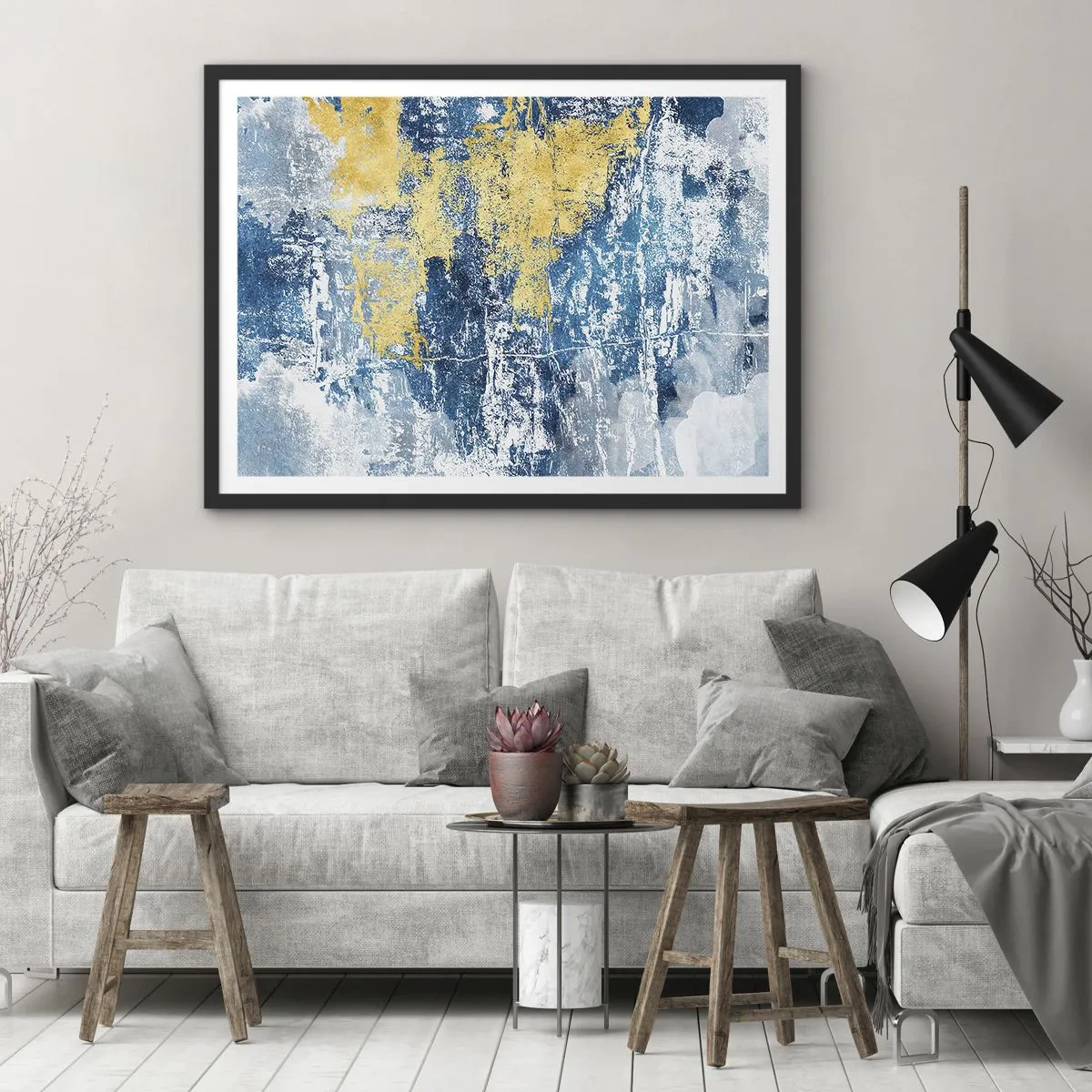 Affiche dans un cadre noir - Poster - Abstraction dans les tons de bleu et de jaune - 70x50cm - Abstraction du temps - Décoration murale moderne pour le salon et la chambre ARTTOR
