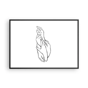 Affiche dans un cadre noir - Poster - Un croquis minimaliste de mains jointes dans un geste de délicatesse. - 100x70cm - Bon contact - Décoration murale moderne pour le salon et la chambre ARTTOR