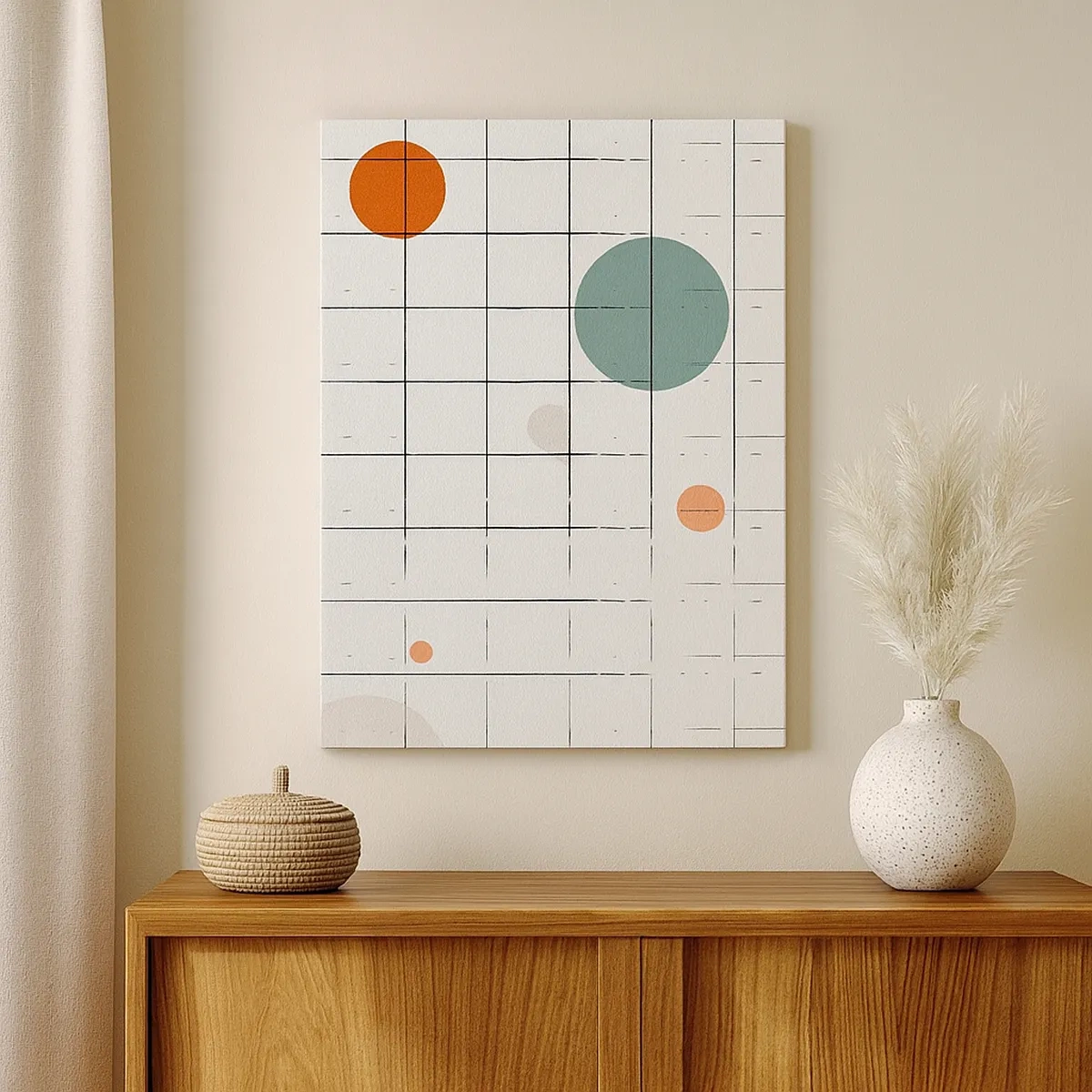 Impression sur toile - Image sur toile - Cercles colorés abstraits sur un fond de grille géométrique - 50x70cm - Piégé. Nous ou eux ? - Décoration murale moderne pour le salon et la chambre ARTTOR