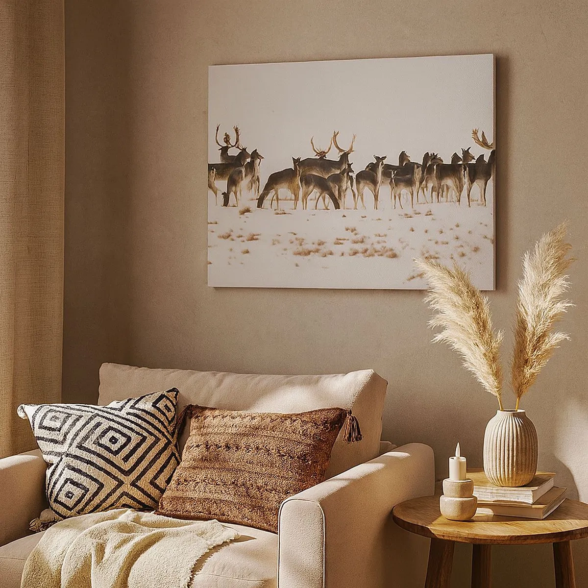 Impression sur toile - Image sur toile - Un troupeau de cerfs sur fond de neige - 70x50cm - Les fêtes approchent ? - Décoration murale moderne pour le salon et la chambre ARTTOR